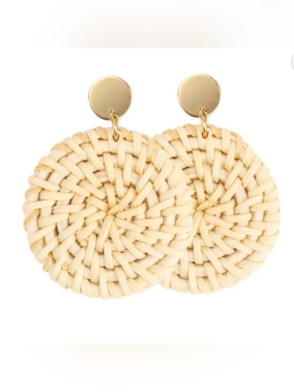 Gold-Top Cream Woven Round Drop Earrings